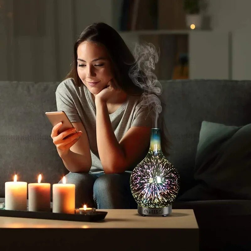 3D Fireworks Glass Vase Humidifier with 7 Color Led Night Light Aroma Essential Oil Diffuser Cool Mist Maker for Home Office - Cheapstuff2.com